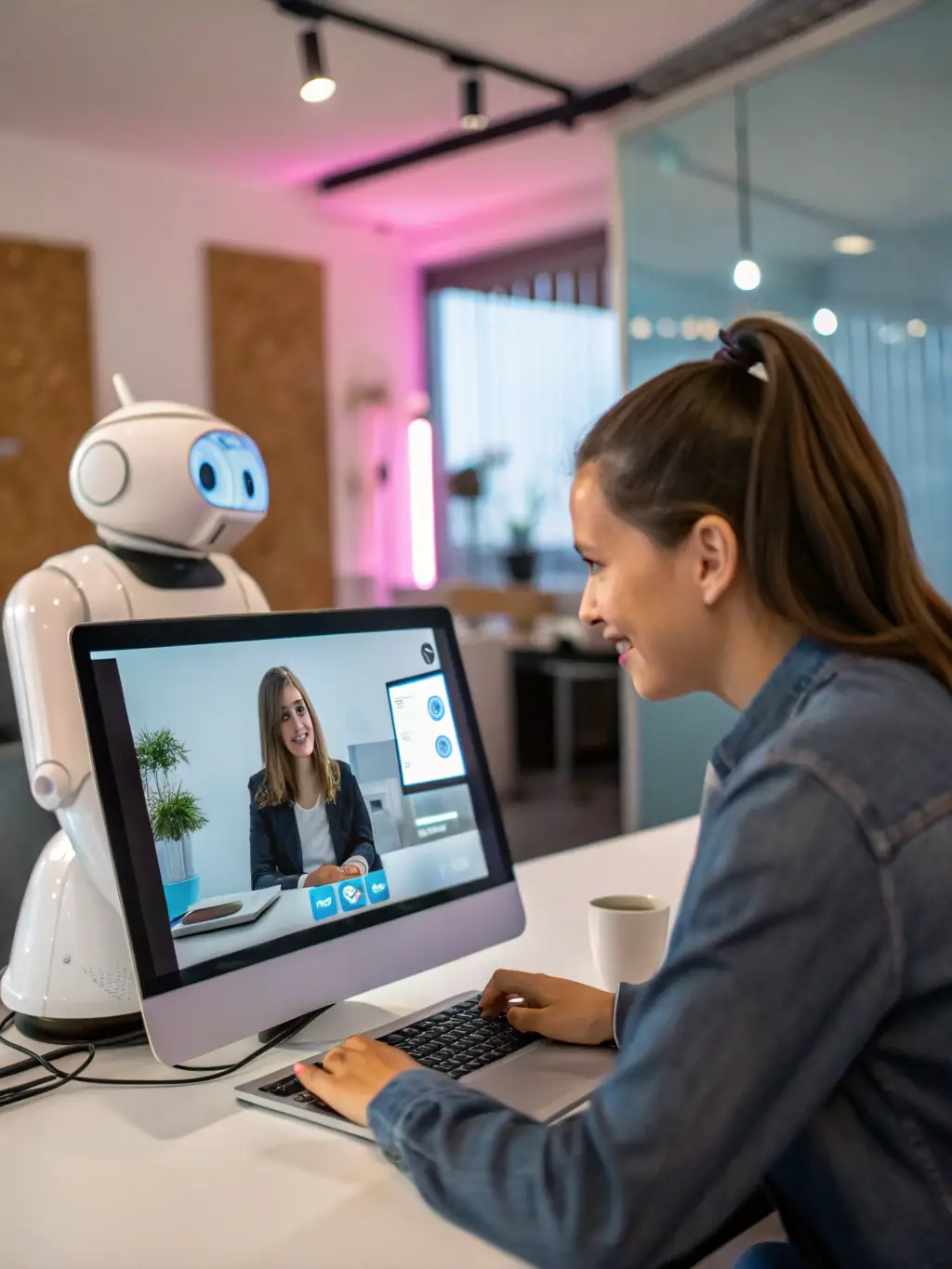 An illustration of a virtual assistant interacting with a user on a website, showcasing the human-like interaction provided by Conversational AI Agents.